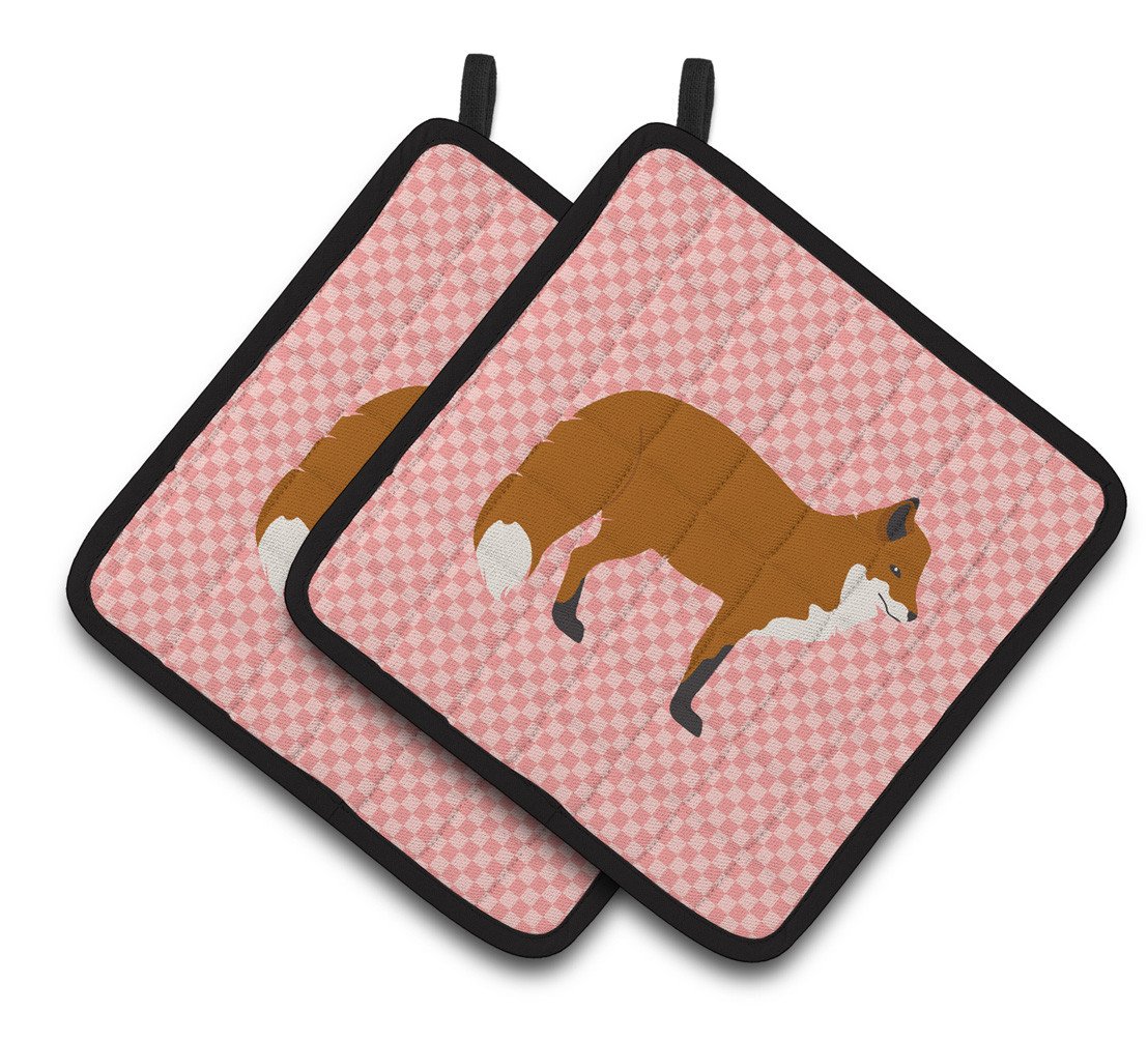 Red Fox Pink Check Pair of Pot Holders BB7876PTHD by Caroline&#39;s Treasures