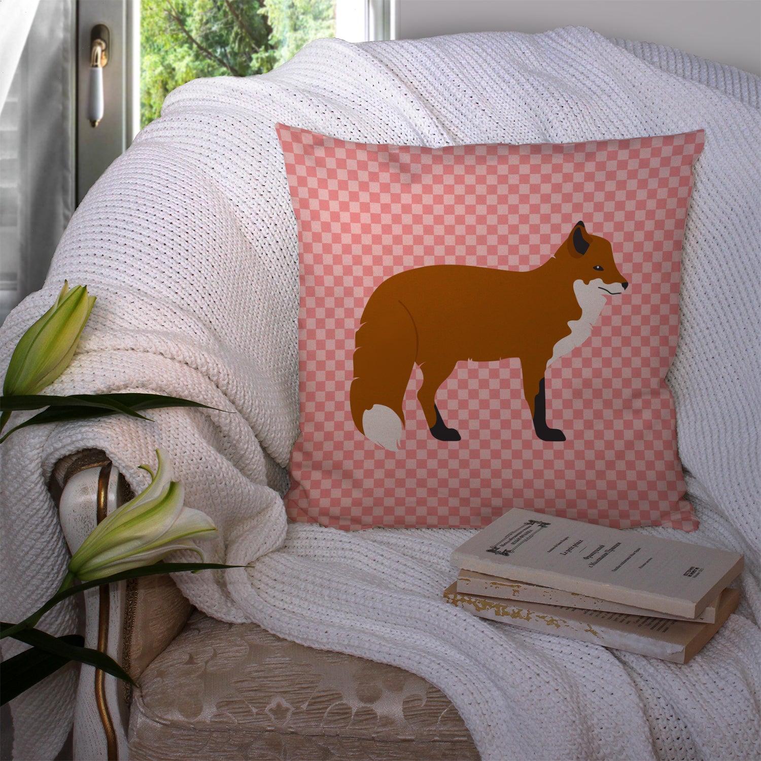Red Fox Pink Check Fabric Decorative Pillow BB7876PW1414 - the-store.com