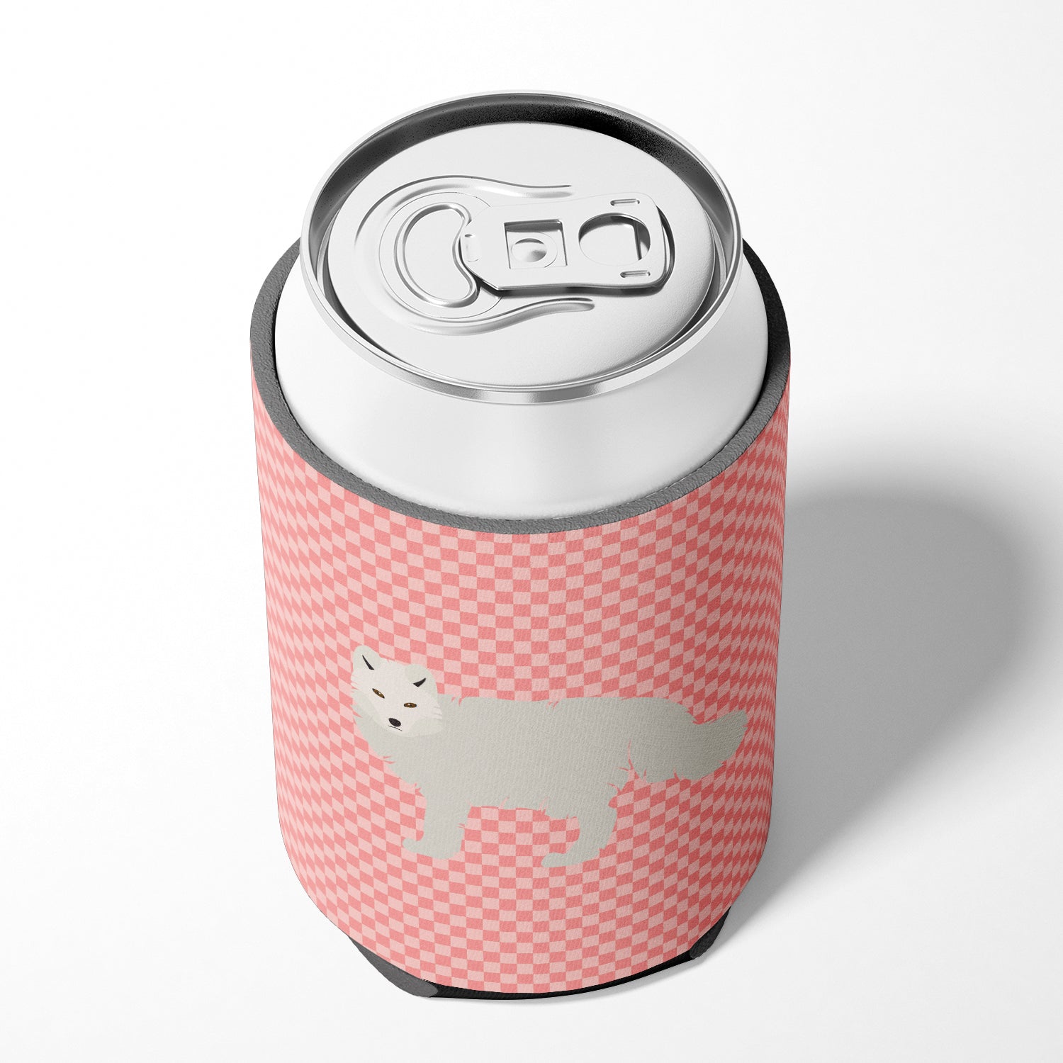 White Arctic Fox Pink Check Can or Bottle Hugger BB7877CC