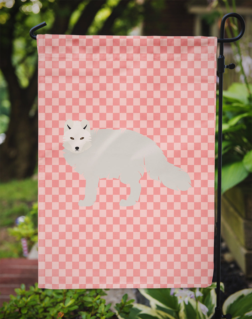 White Arctic Fox Pink Check Flag Garden Size