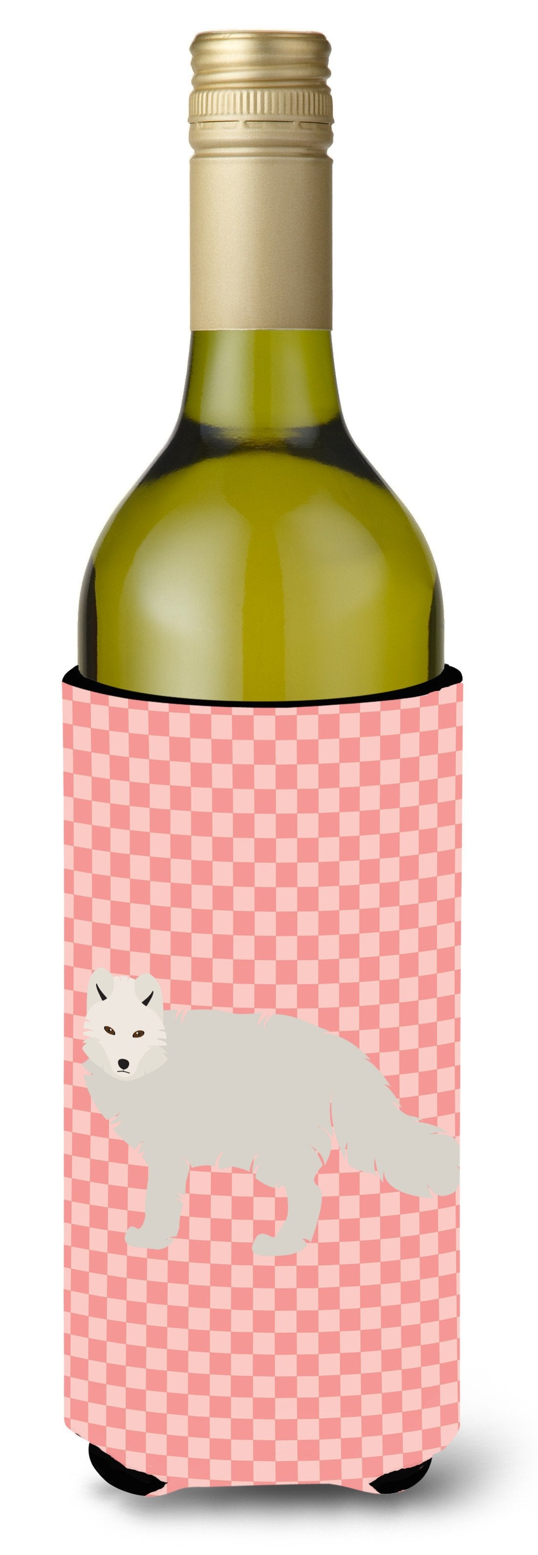 White Arctic Fox Pink Check Wine Bottle Beverge Insulator Hugger BB7877LITERK by Caroline&#39;s Treasures