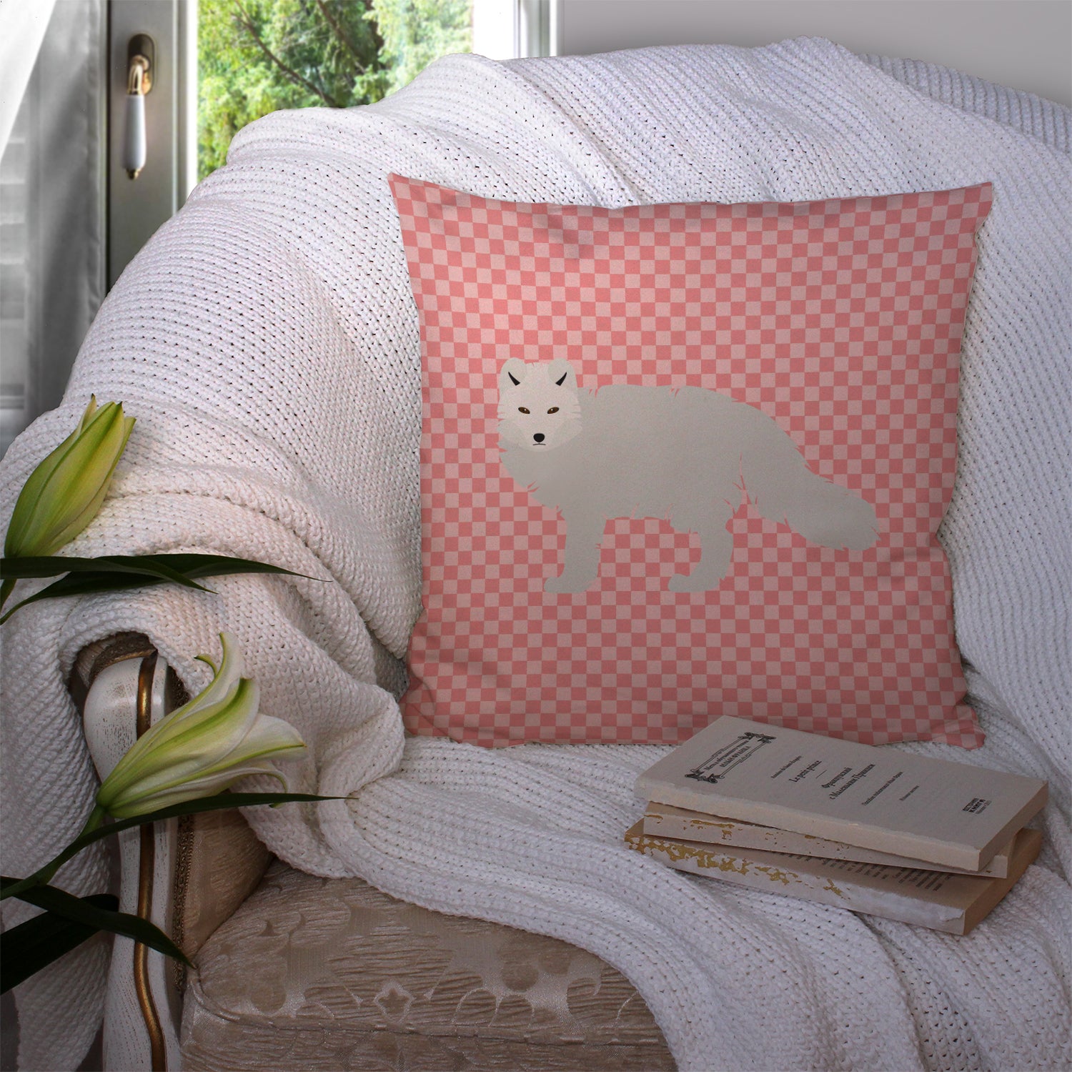 White Arctic Fox Pink Check Fabric Decorative Pillow BB7877PW1414 - the-store.com