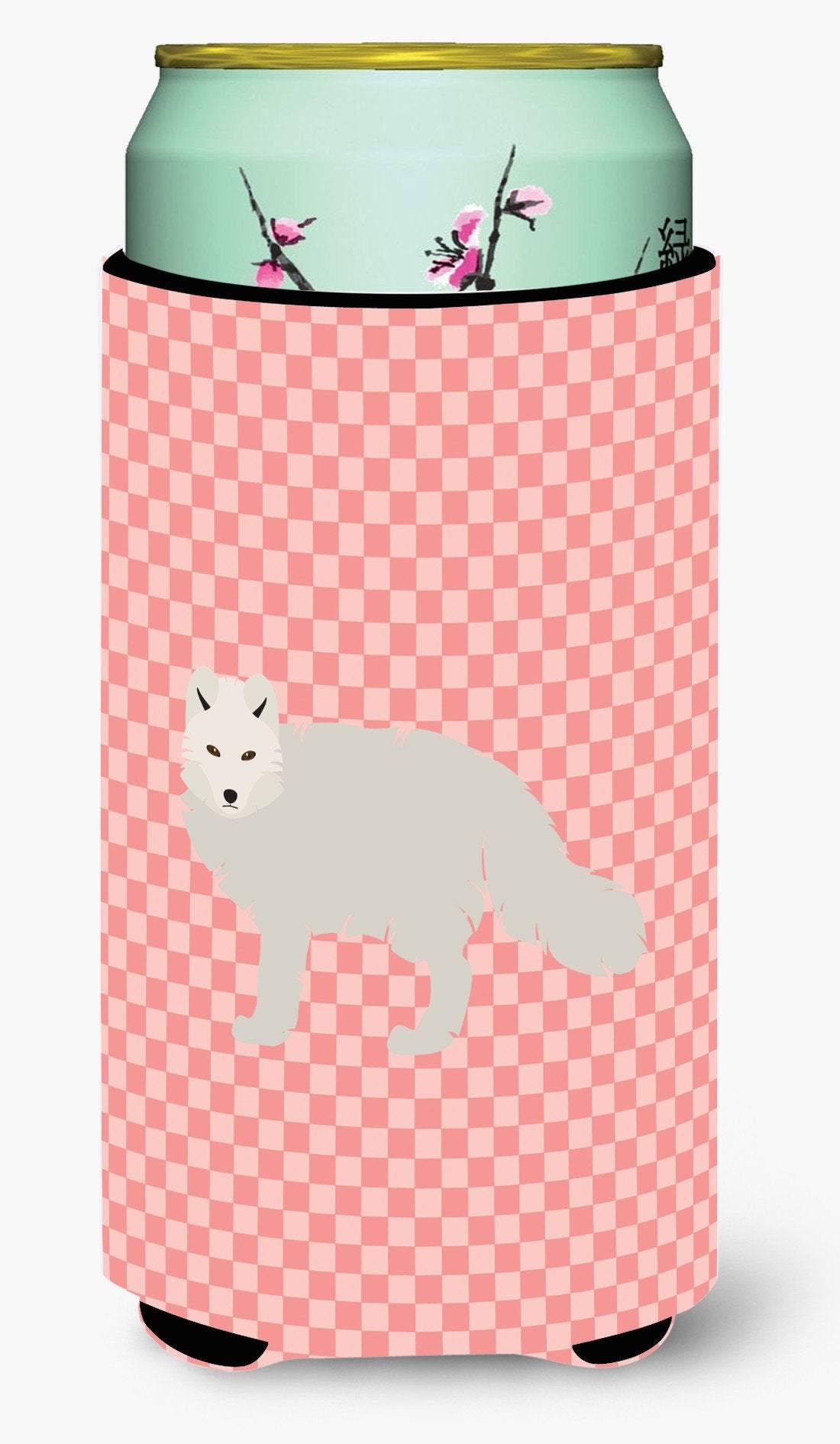 White Arctic Fox Pink Check Tall Boy Beverage Insulator Hugger BB7877TBC by Caroline&#39;s Treasures