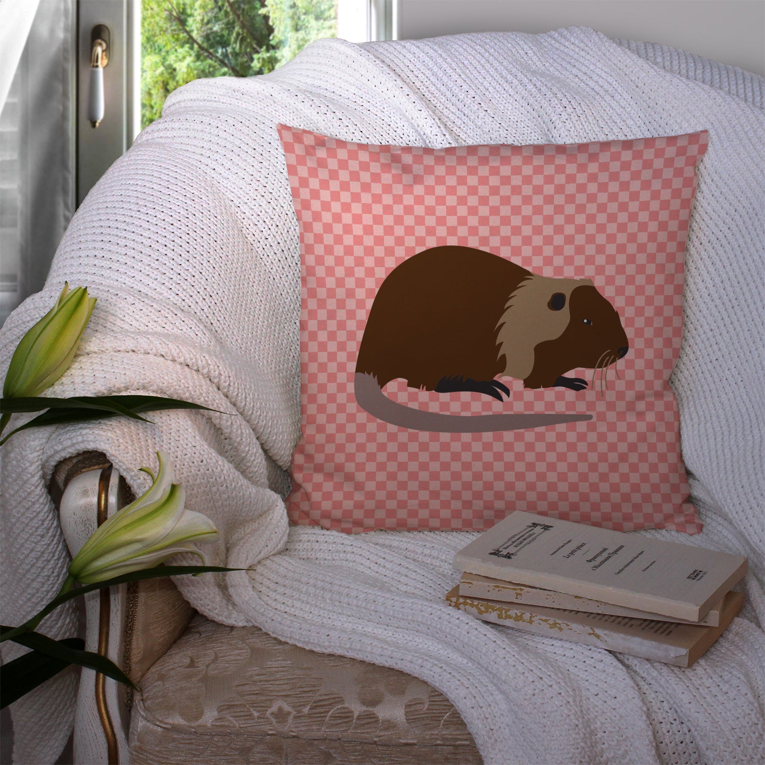 Coypu Nutria River Rat Pink Check Fabric Decorative Pillow BB7879PW1414 - the-store.com