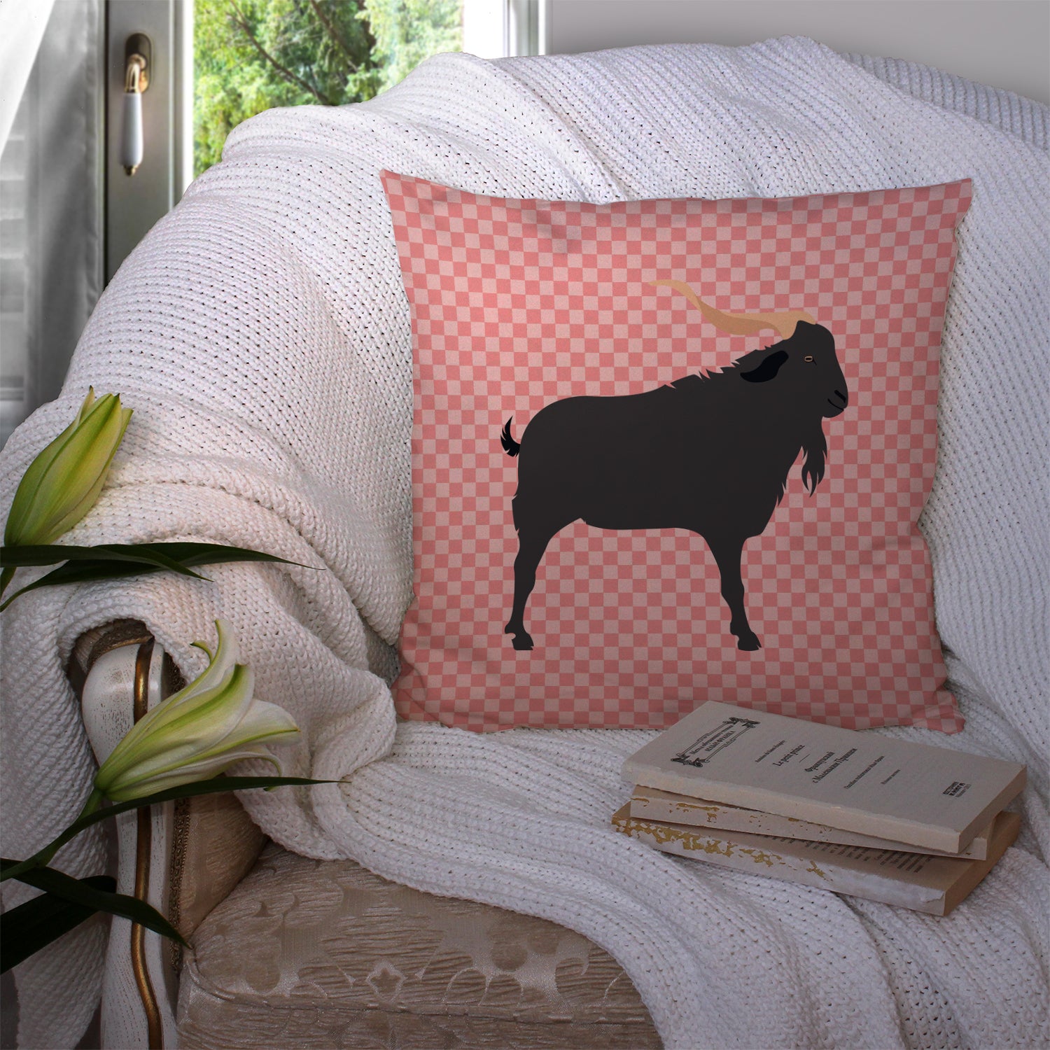 Verata Goat Pink Check Fabric Decorative Pillow BB7882PW1414 - the-store.com