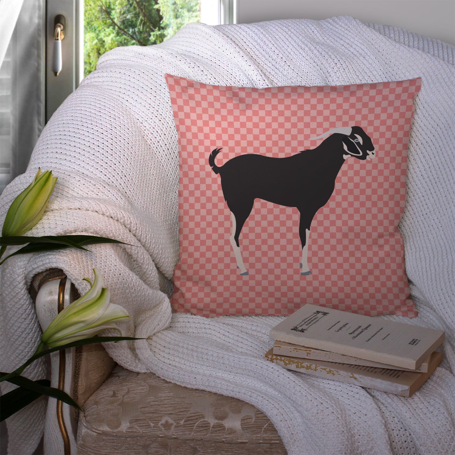 Black Bengal Goat Pink Check Fabric Decorative Pillow BB7884PW1414 - the-store.com