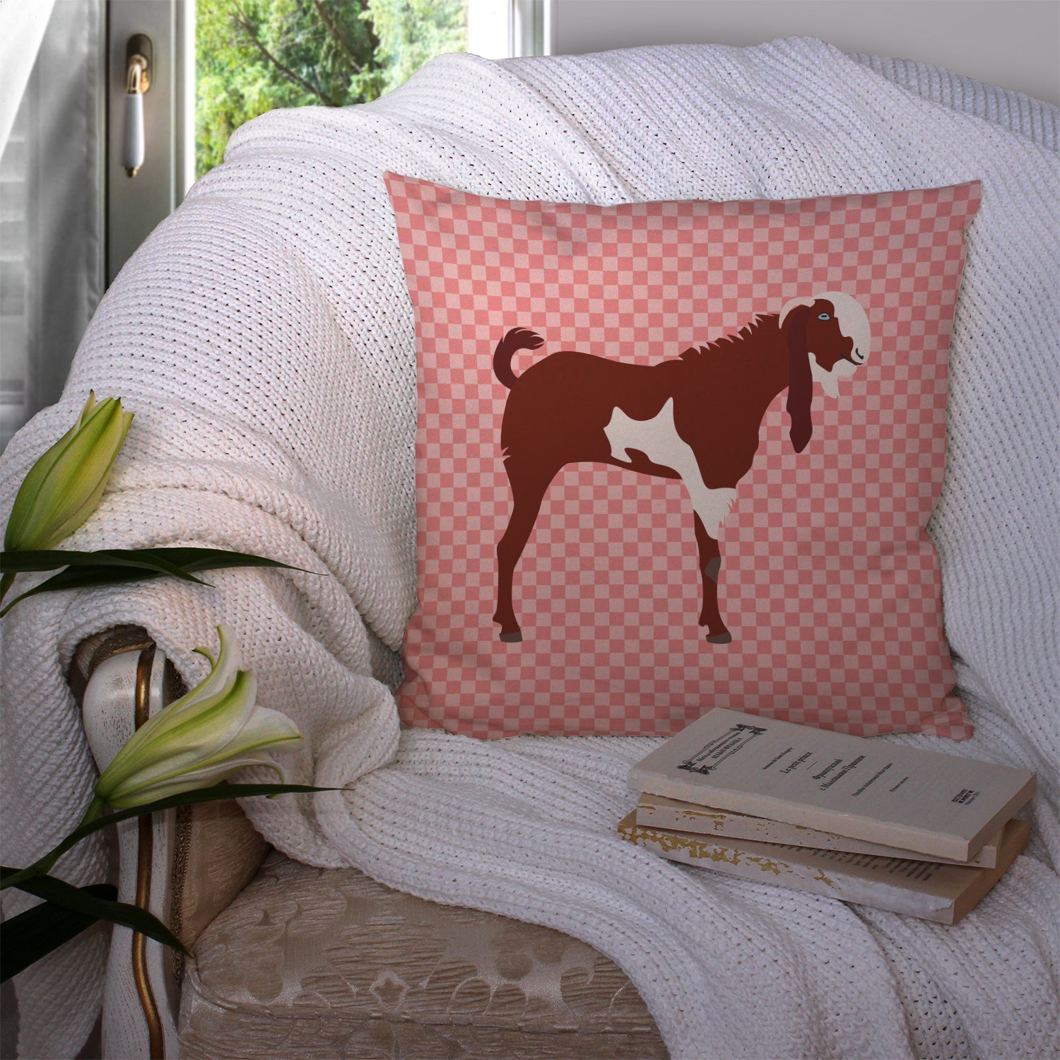 Jamnapari Goat Pink Check Fabric Decorative Pillow BB7890PW1414 - the-store.com
