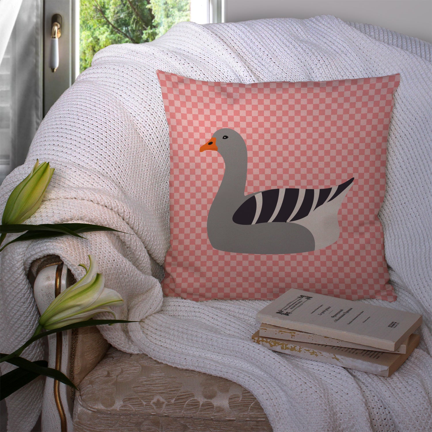 Pilgrim Goose Pink Check Fabric Decorative Pillow BB7893PW1414 - the-store.com