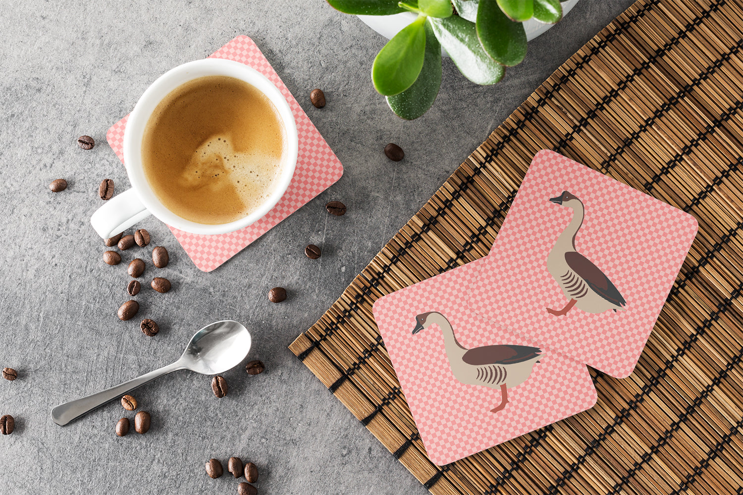 Chinese Goose Pink Check Foam Coaster Set of 4 BB7896FC - the-store.com