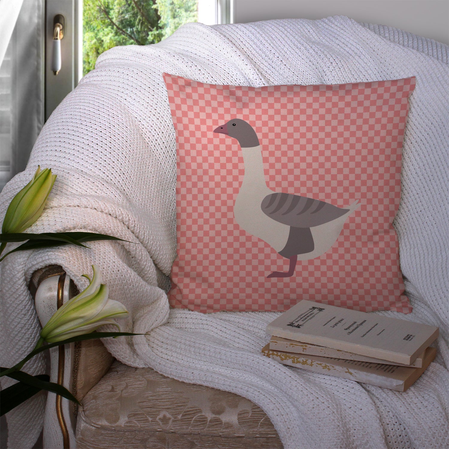 Buff Grey Back Goose Pink Check Fabric Decorative Pillow BB7901PW1414 - the-store.com