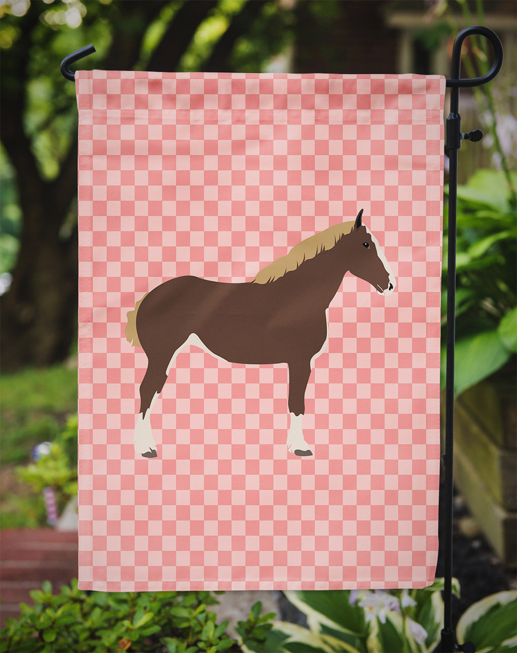 Percheron Horse Pink Check Flag Garden Size
