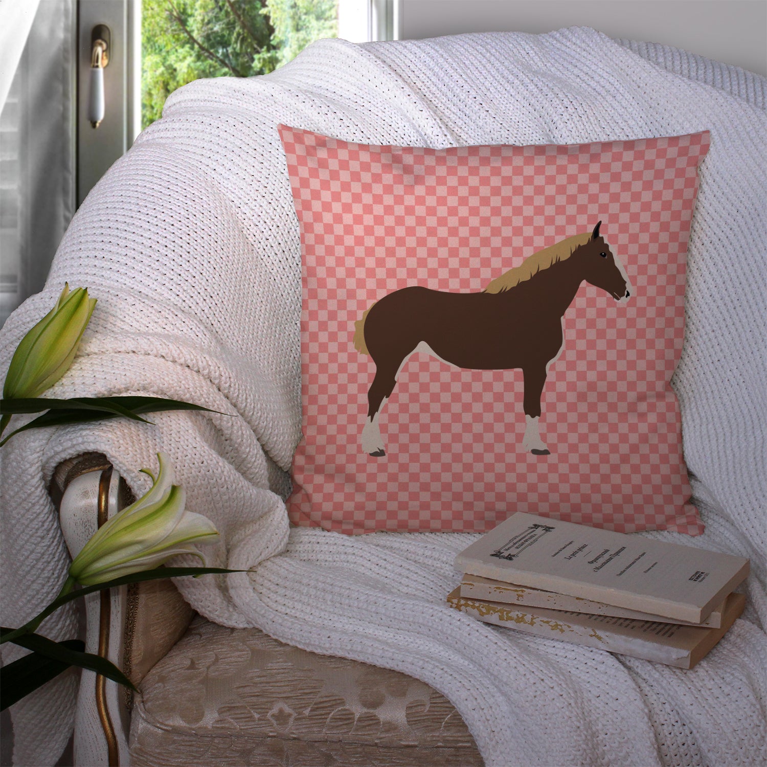 Percheron Horse Pink Check Fabric Decorative Pillow BB7906PW1414 - the-store.com