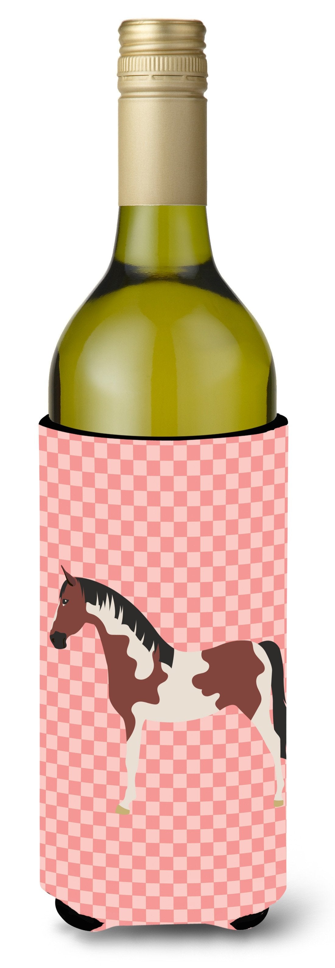 Pinto Horse Pink Check Wine Bottle Beverge Insulator Hugger BB7907LITERK by Caroline&#39;s Treasures