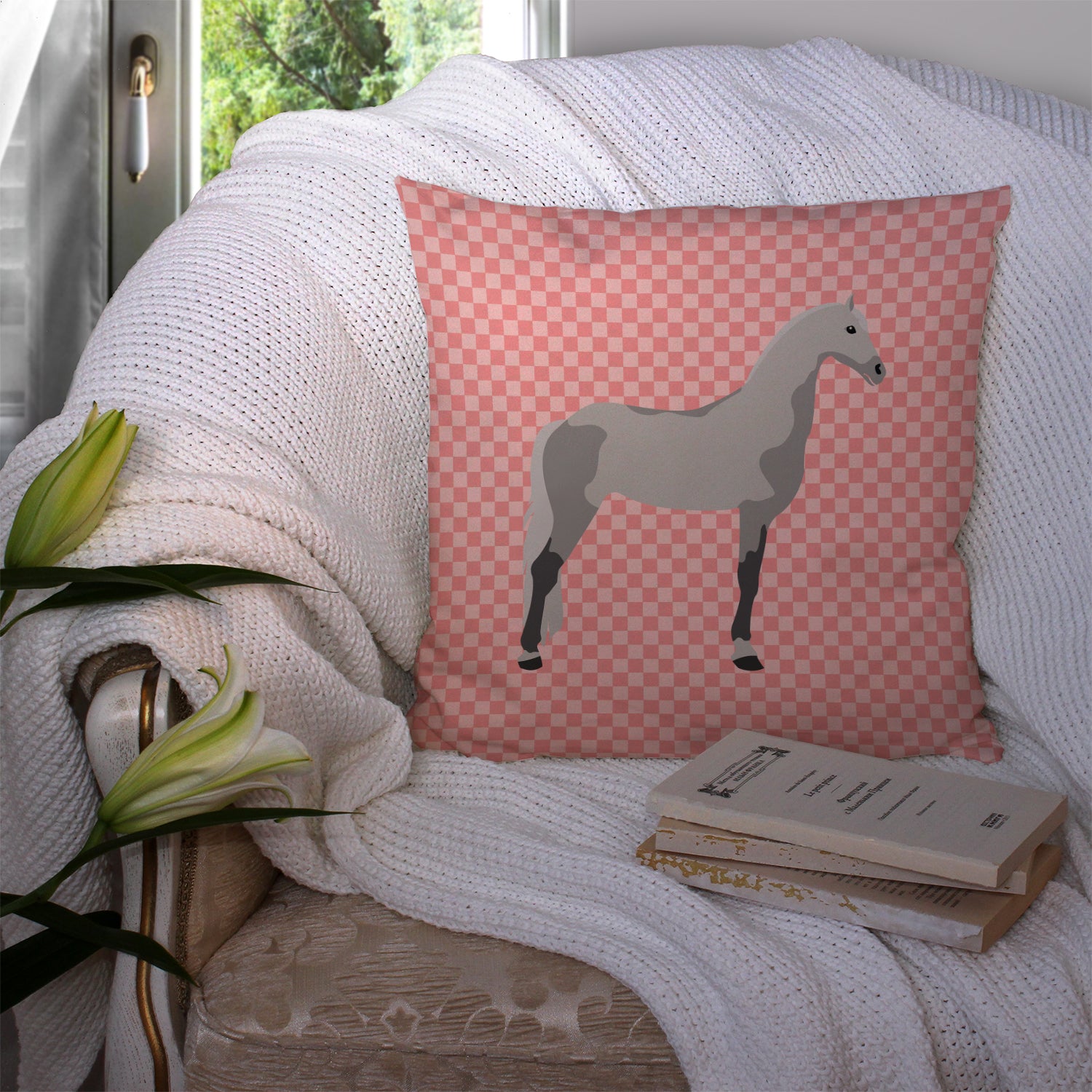 Orlov Trotter Horse Pink Check Fabric Decorative Pillow BB7908PW1414 - the-store.com