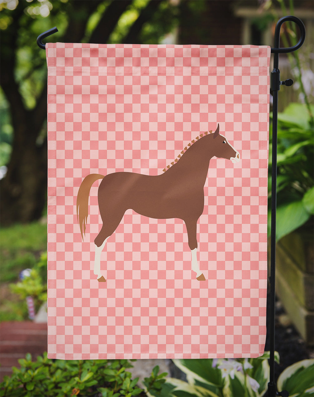 Hannoverian Horse Pink Check Flag Garden Size
