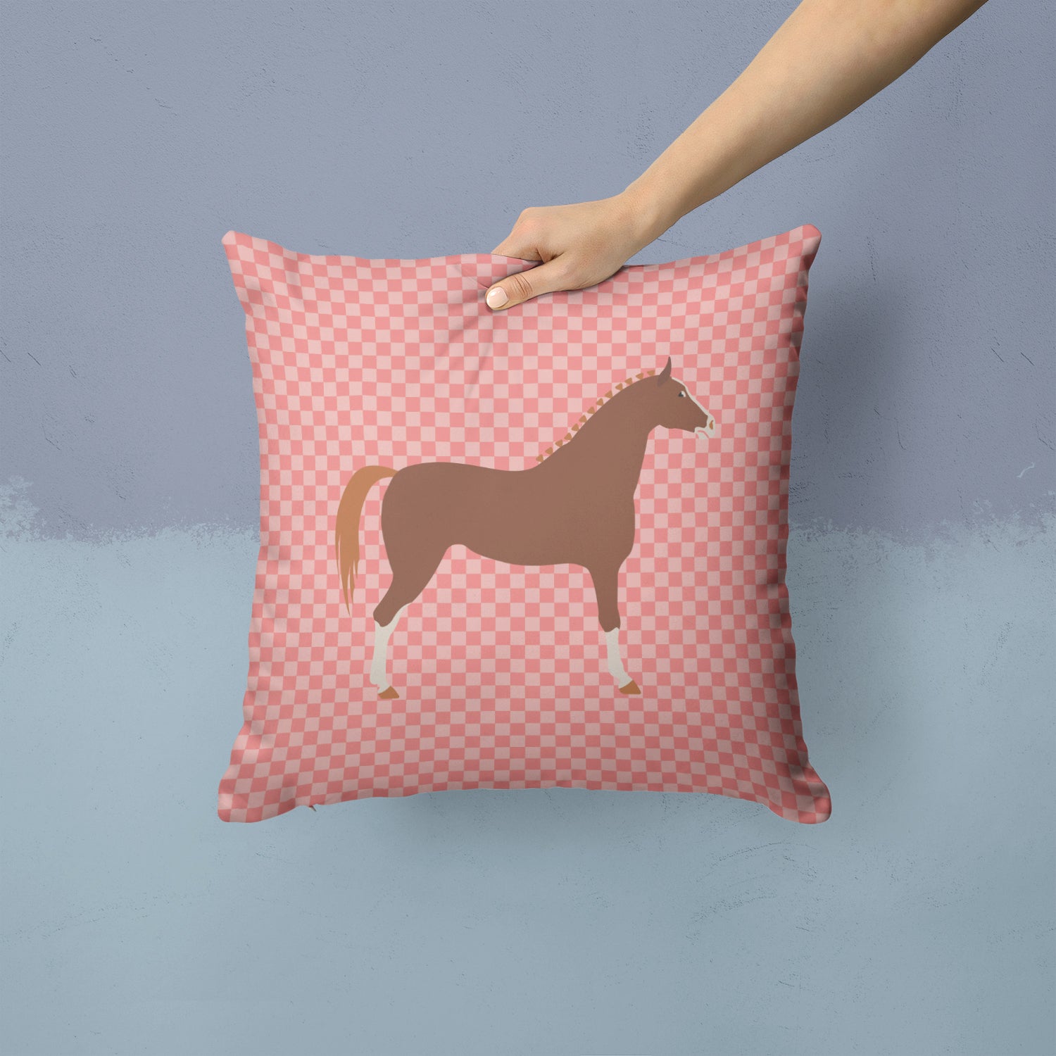 Hannoverian Horse Pink Check Fabric Decorative Pillow BB7909PW1414 - the-store.com
