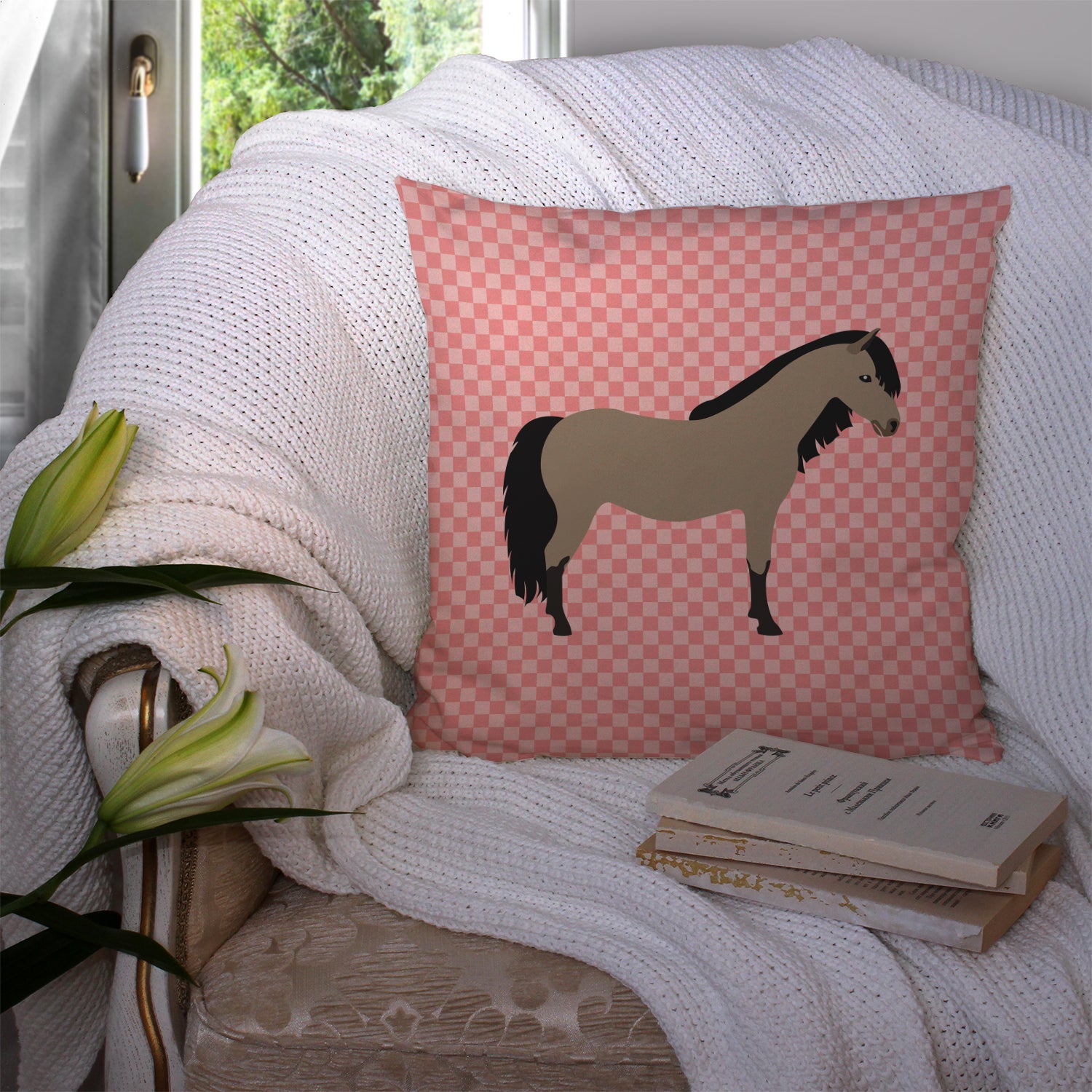 Welsh Pony Horse Pink Check Fabric Decorative Pillow BB7910PW1414 - the-store.com