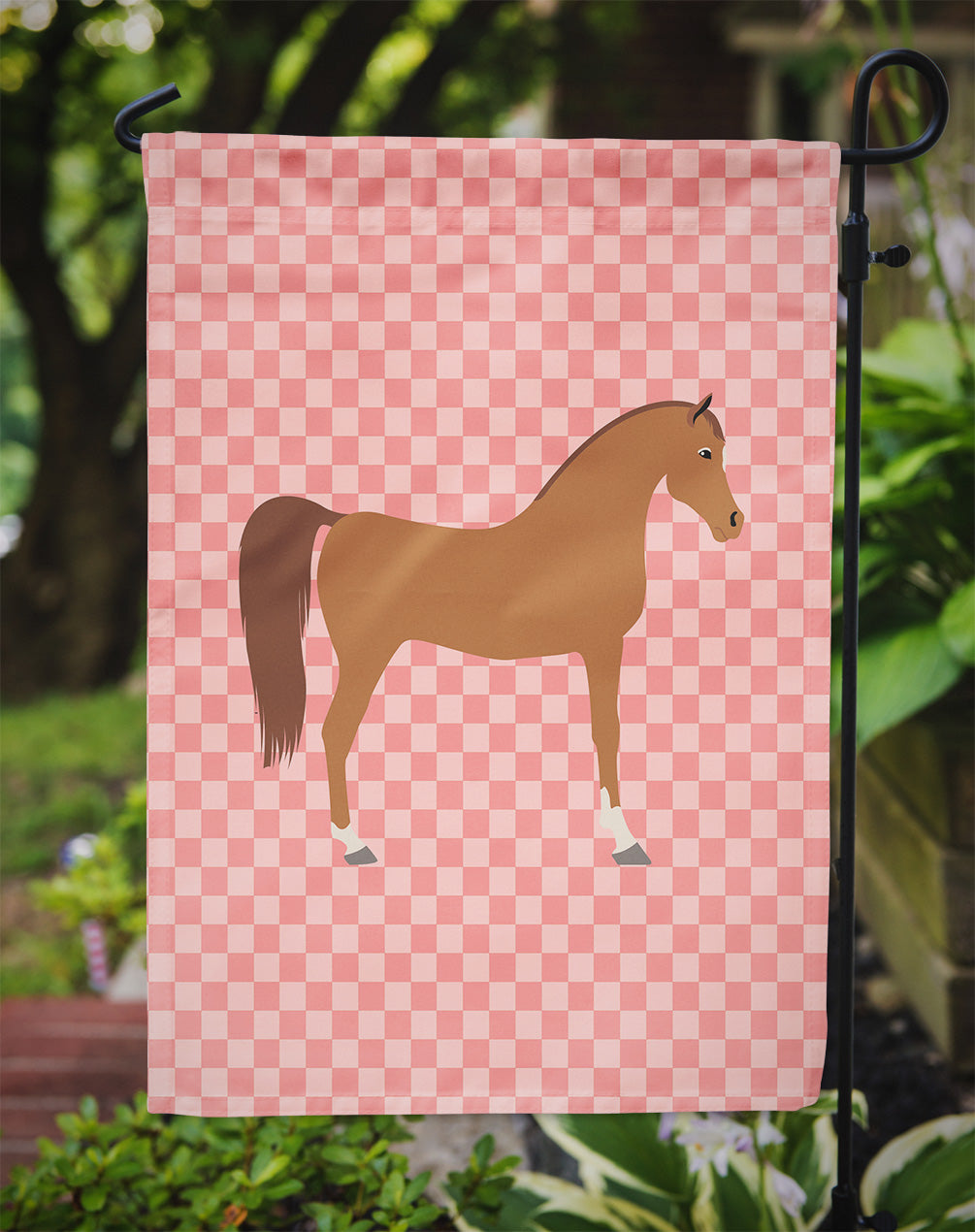 Arabian Horse Pink Check Flag Garden Size  the-store.com.