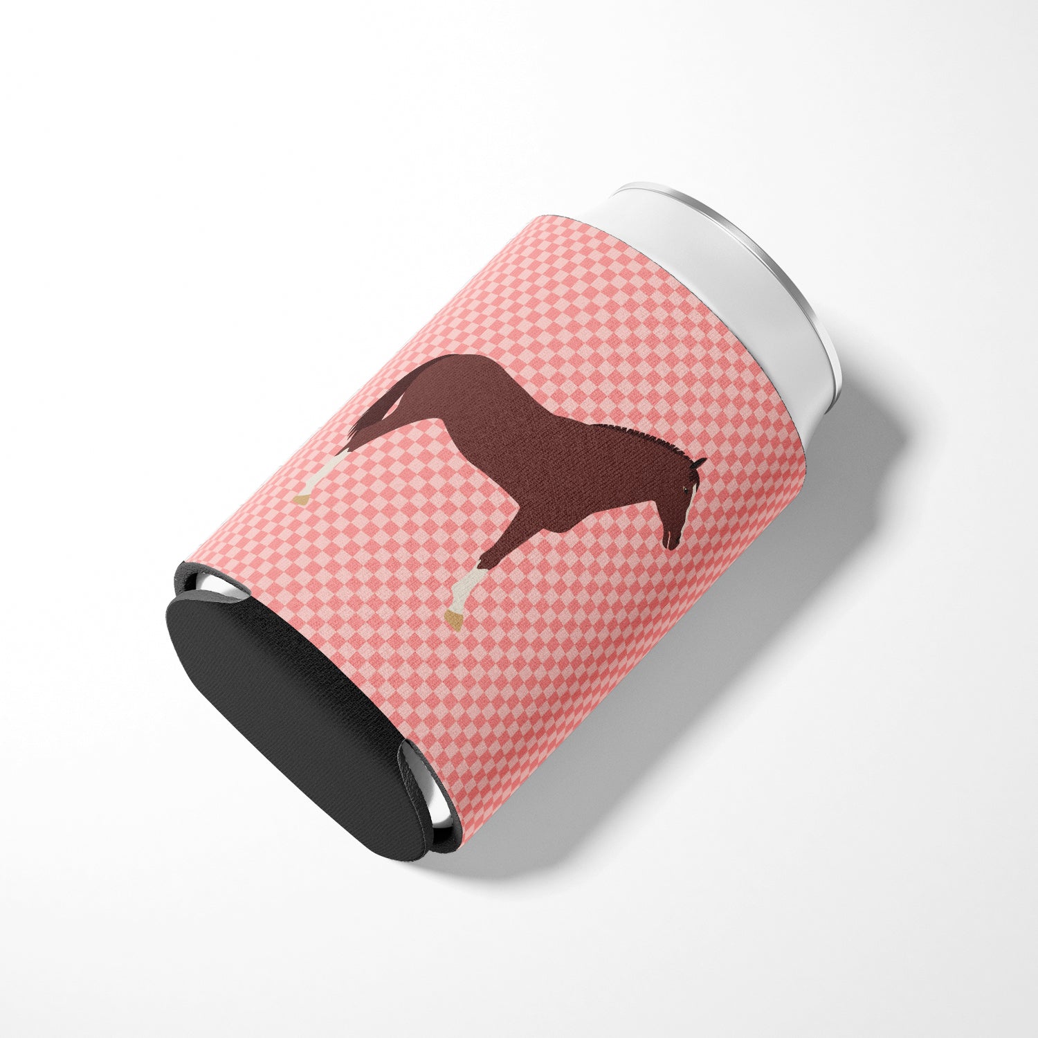 English Thoroughbred Horse Pink Check Can or Bottle Hugger BB7913CC  the-store.com.