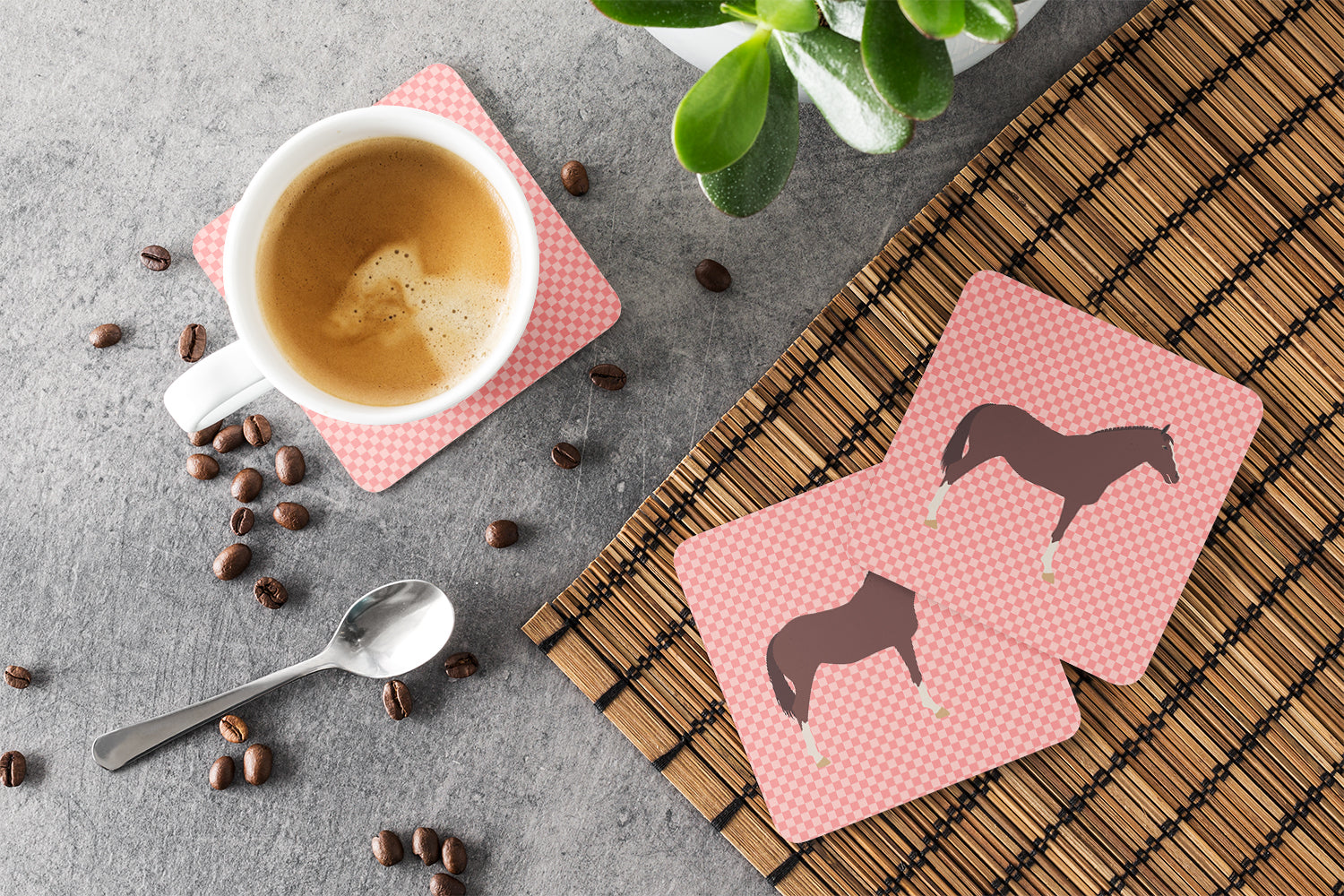 English Thoroughbred Horse Pink Check Foam Coaster Set of 4 BB7913FC - the-store.com