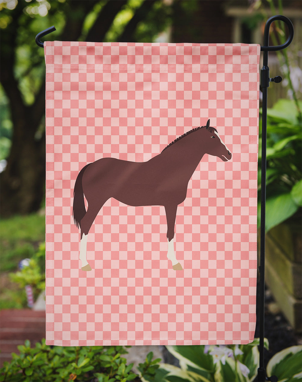 English Thoroughbred Horse Pink Check Flag Garden Size  the-store.com.