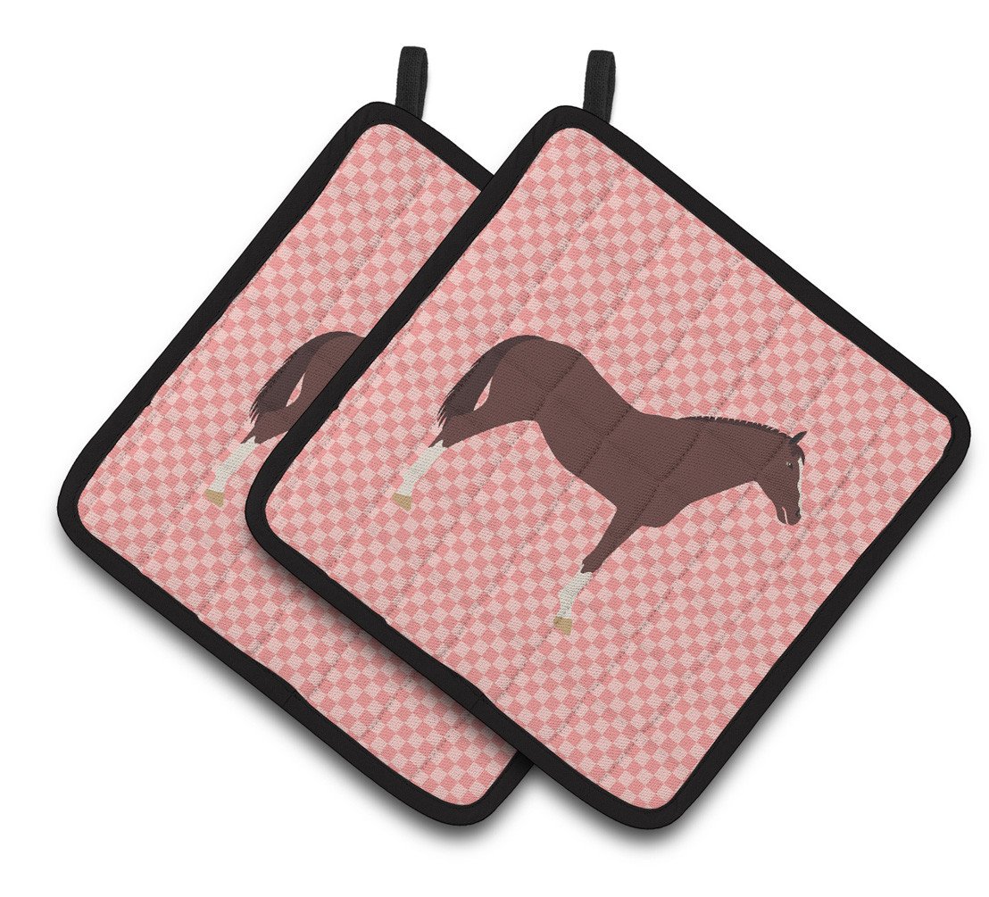 English Thoroughbred Horse Pink Check Pair of Pot Holders BB7913PTHD by Caroline&#39;s Treasures