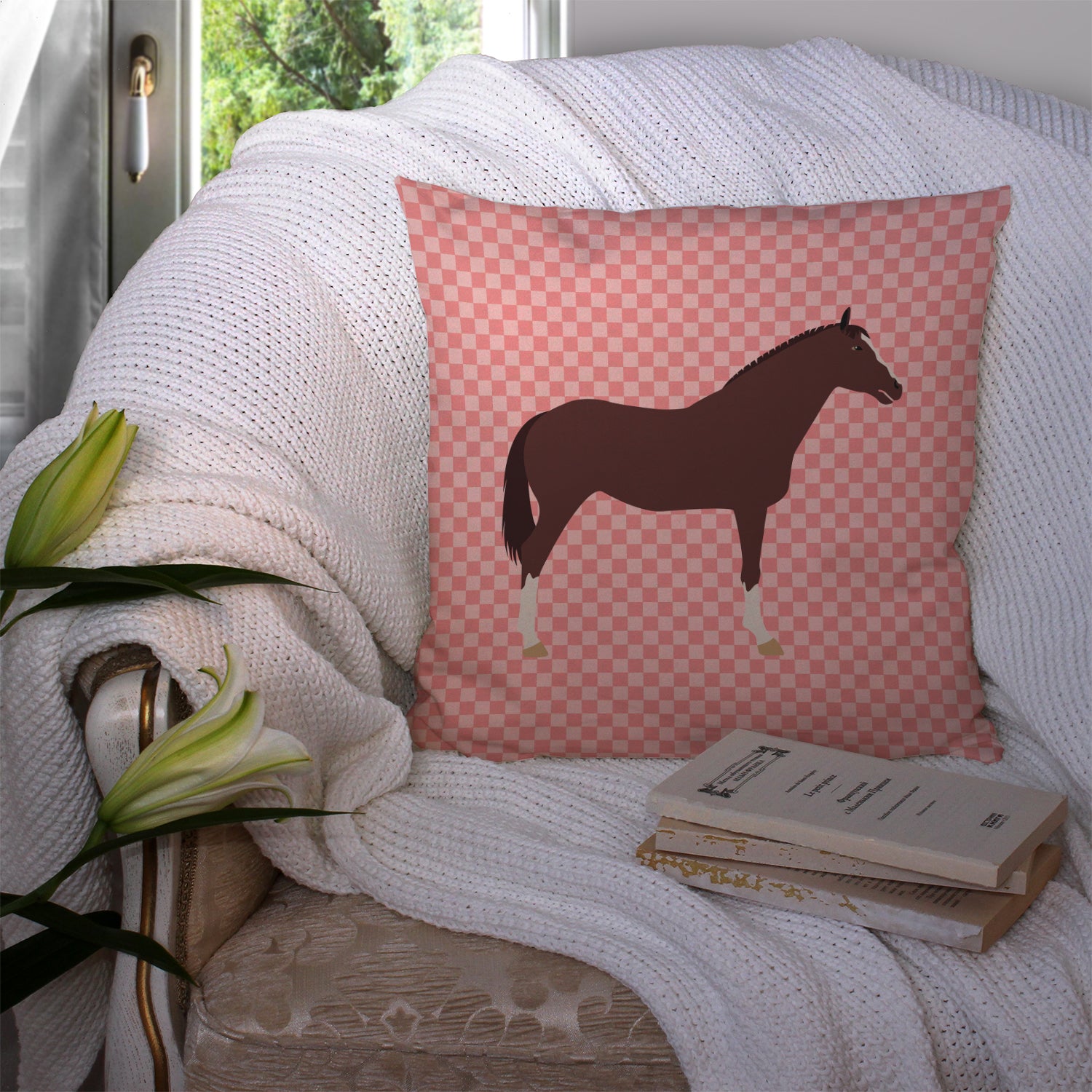 English Thoroughbred Horse Pink Check Fabric Decorative Pillow BB7913PW1414 - the-store.com