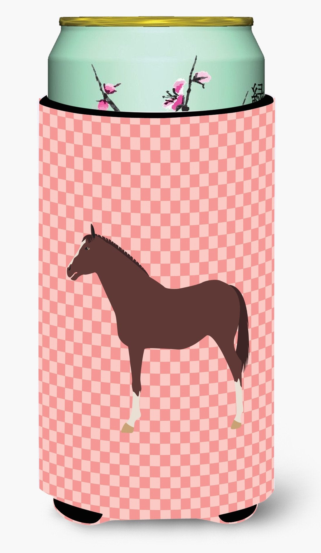 English Thoroughbred Horse Pink Check Tall Boy Beverage Insulator Hugger BB7913TBC by Caroline&#39;s Treasures