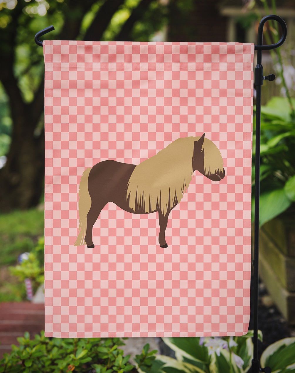 Shetland Pony Horse Pink Check Flag Garden Size