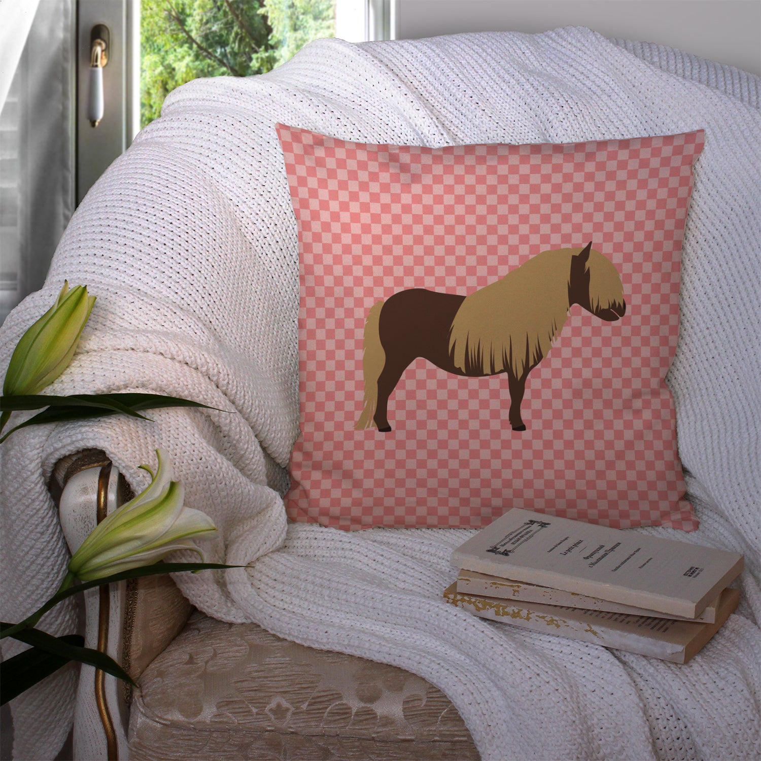 Shetland Pony Horse Pink Check Fabric Decorative Pillow BB7914PW1414 - the-store.com