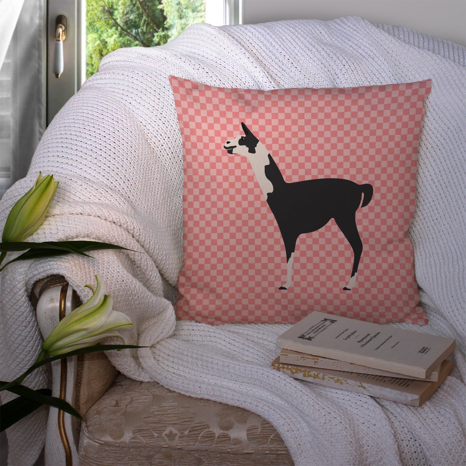 Llama Q' Ara Pink Check Fabric Decorative Pillow BB7918PW1414 - the-store.com