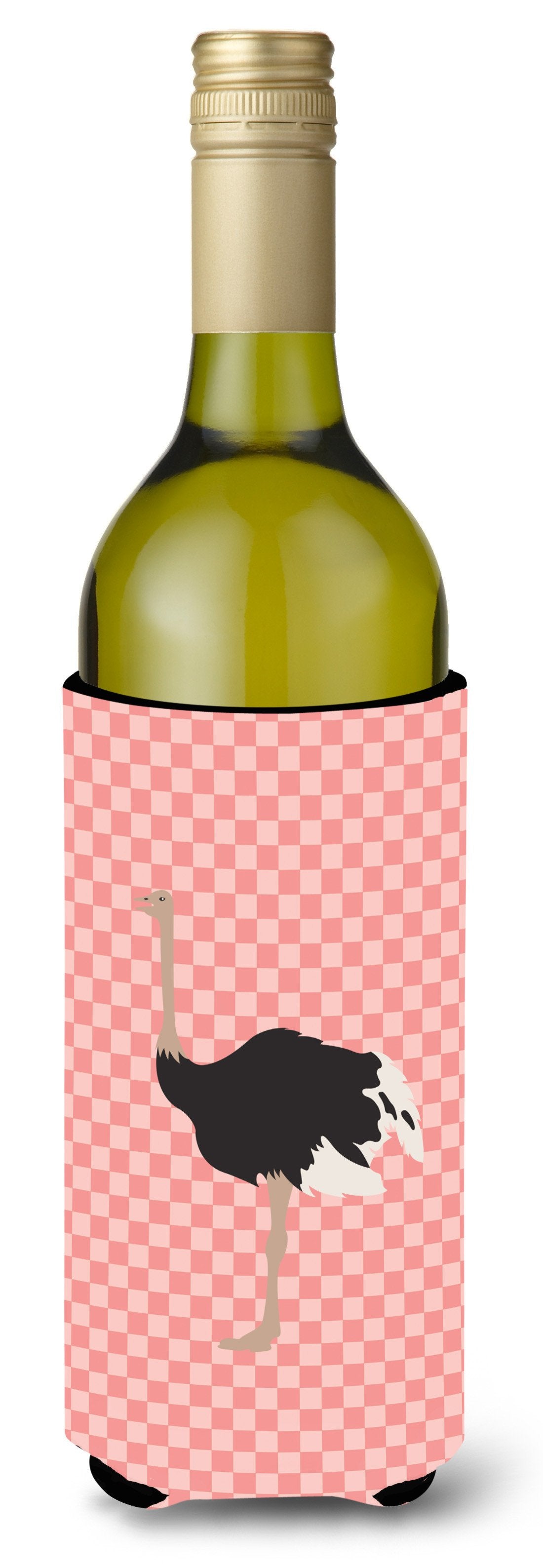 Common Ostrich Pink Check Wine Bottle Beverge Insulator Hugger BB7924LITERK by Caroline&#39;s Treasures