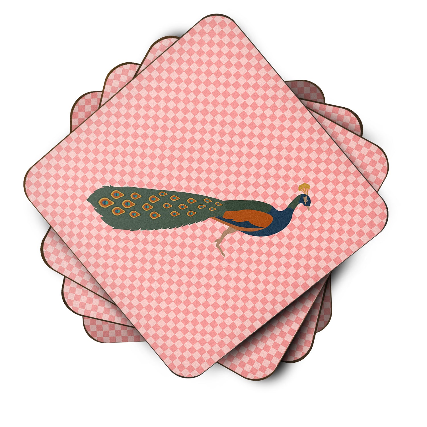 Indian Peacock Peafowl Pink Check Foam Coaster Set of 4 BB7925FC - the-store.com