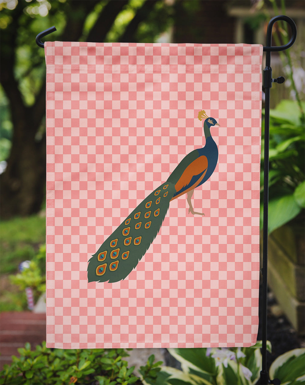 Indian Peacock Peafowl Pink Check Flag Garden Size BB7925GF  the-store.com.