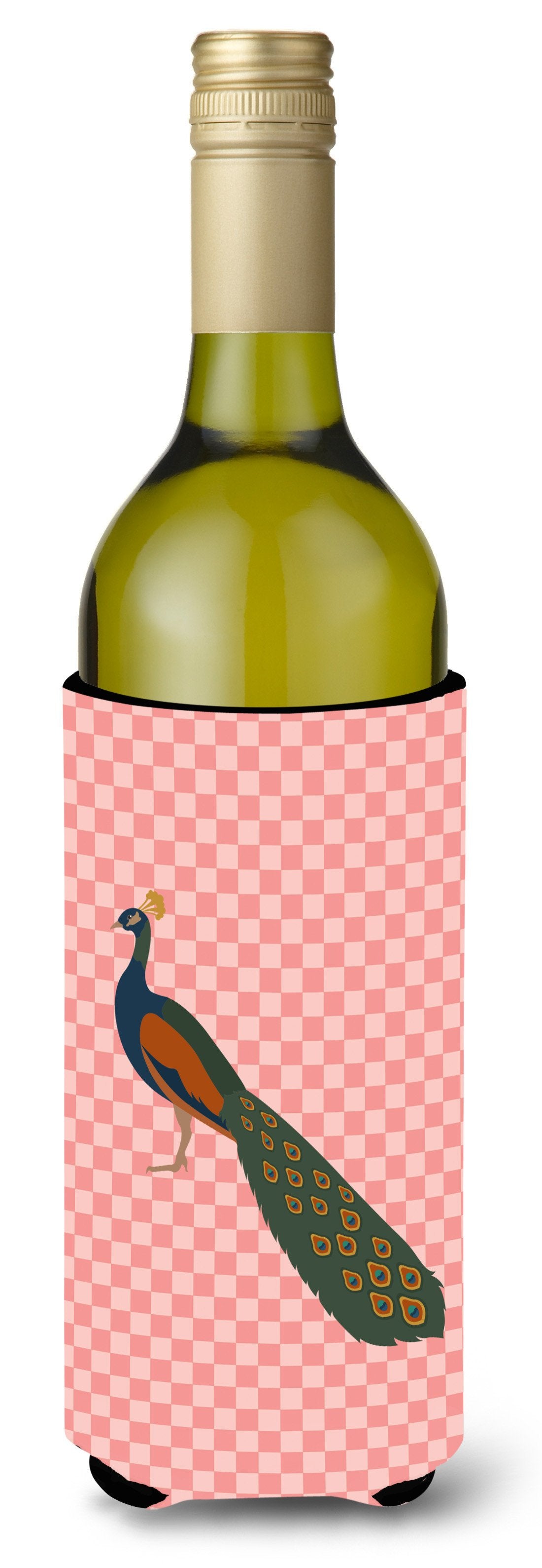 Indian Peacock Peafowl Pink Check Wine Bottle Beverge Insulator Hugger BB7925LITERK by Caroline&#39;s Treasures