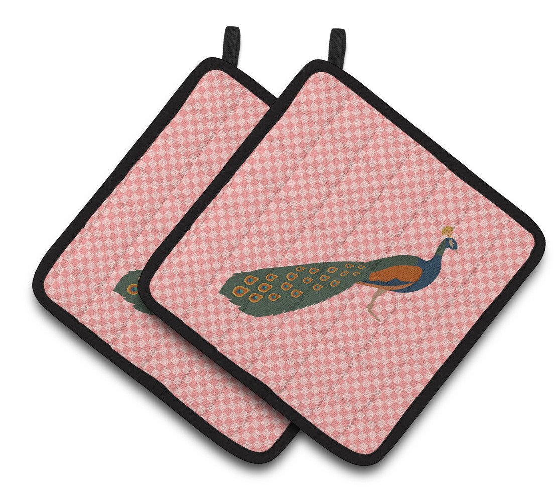 Indian Peacock Peafowl Pink Check Pair of Pot Holders BB7925PTHD by Caroline&#39;s Treasures