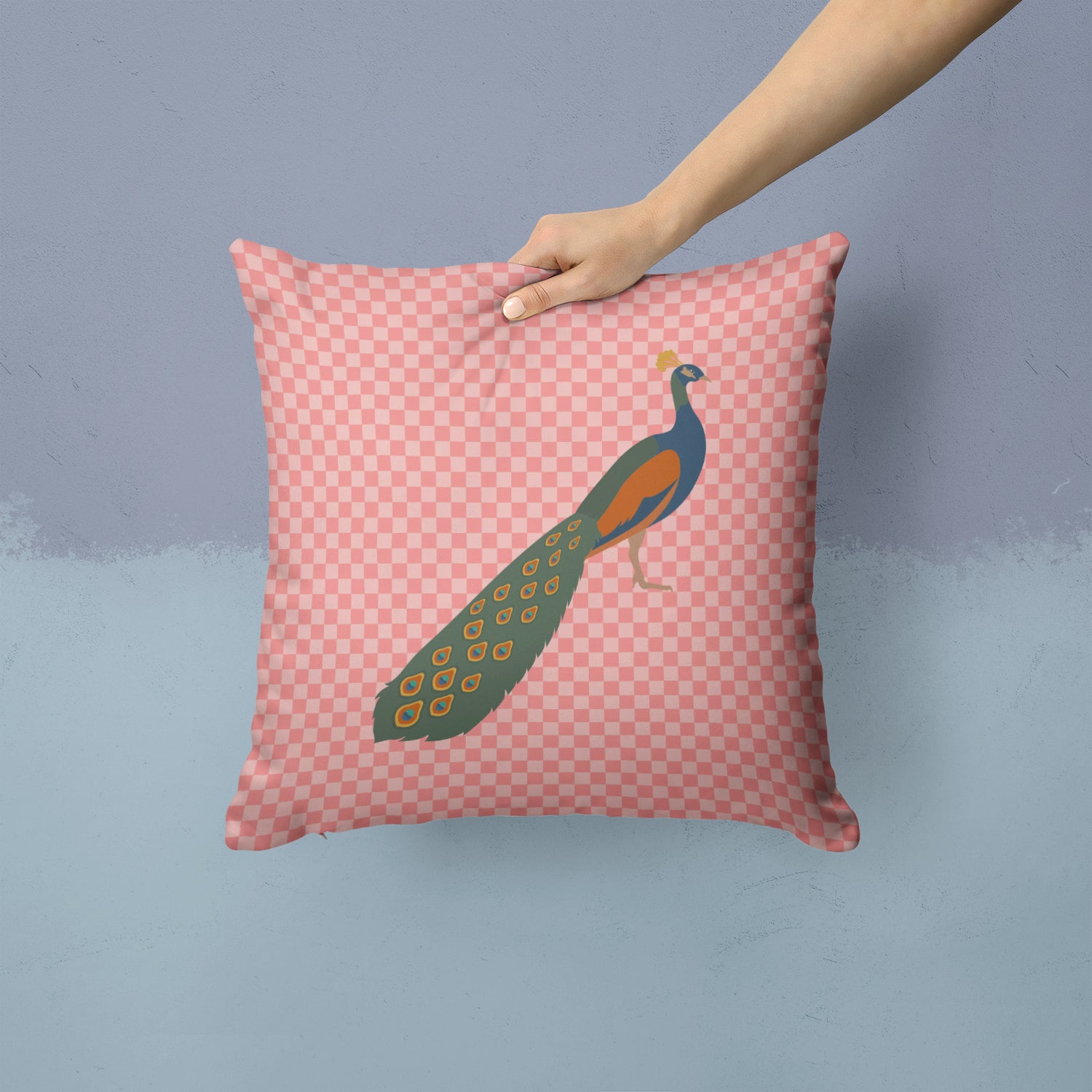 Indian Peacock Peafowl Pink Check Fabric Decorative Pillow BB7925PW1414 - the-store.com