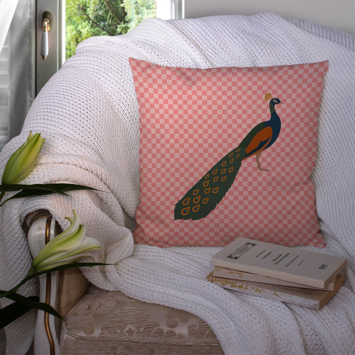 Indian Peacock Peafowl Pink Check Fabric Decorative Pillow BB7925PW1414 - the-store.com