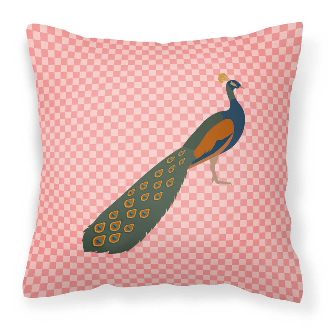 Indian Peacock Peafowl Pink Check Fabric Decorative Pillow BB7925PW1818 by Caroline&#39;s Treasures