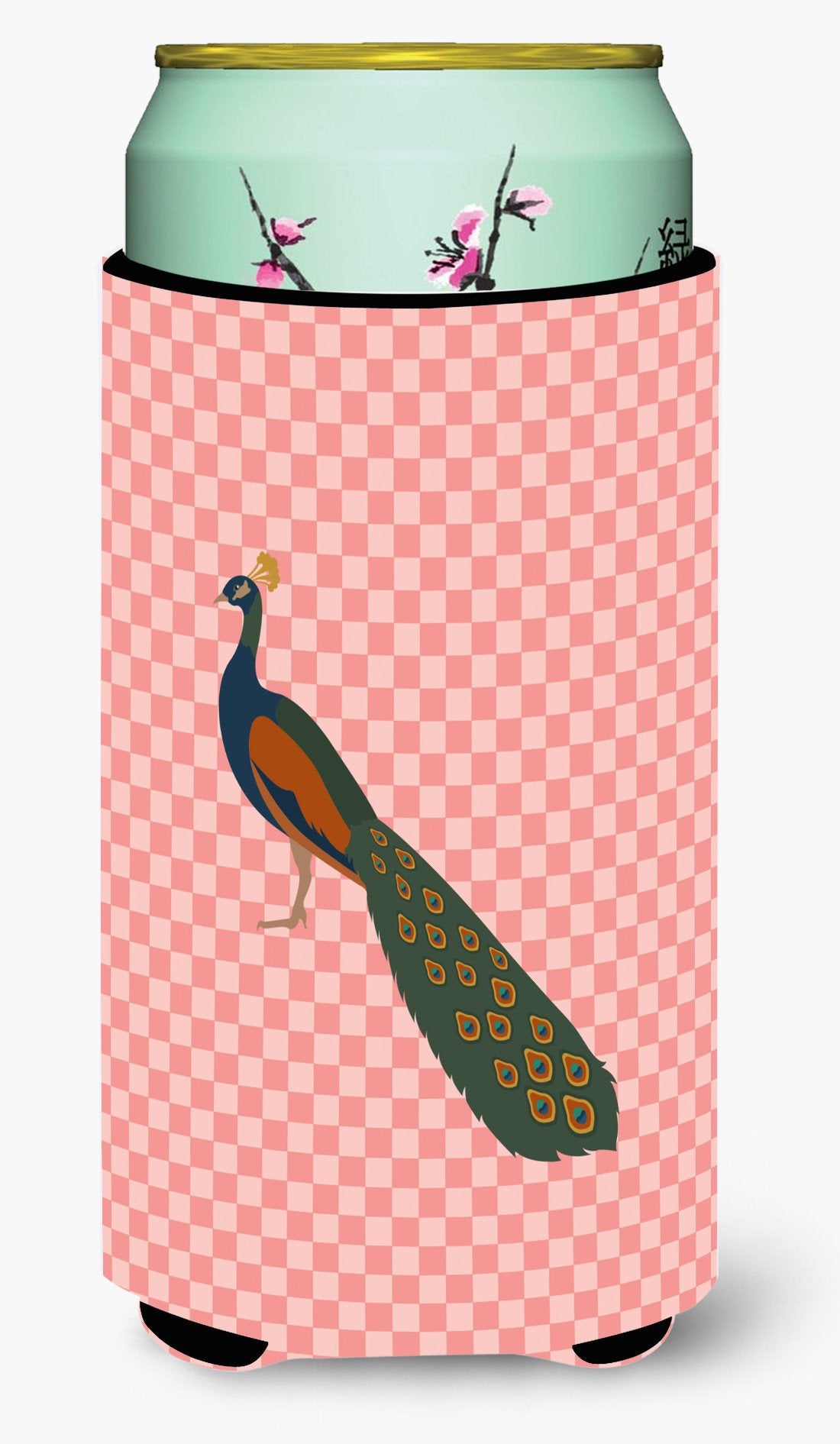 Indian Peacock Peafowl Pink Check Tall Boy Beverage Insulator Hugger BB7925TBC by Caroline&#39;s Treasures