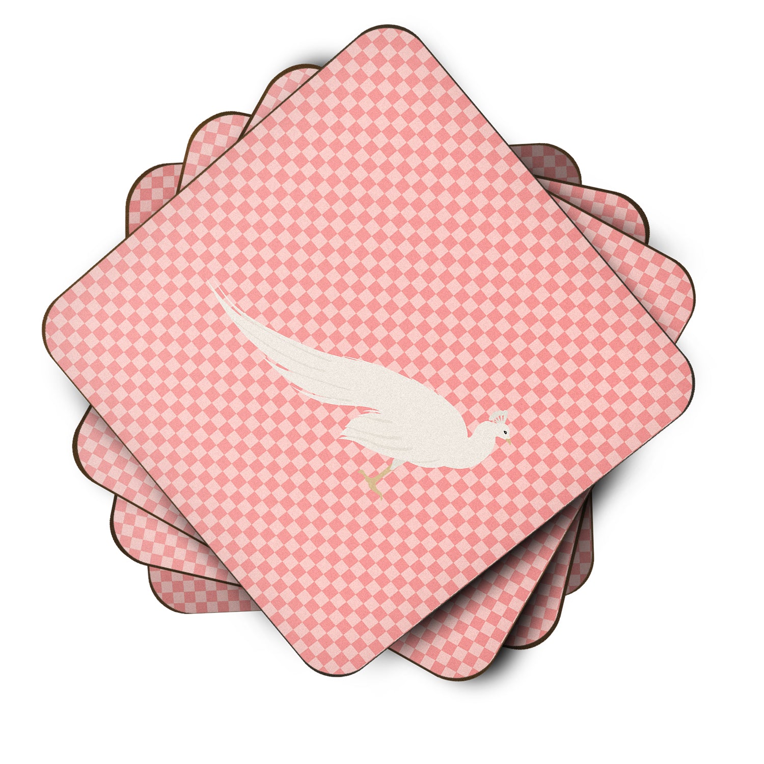 White Peacock Peafowl Pink Check Foam Coaster Set of 4 BB7926FC - the-store.com