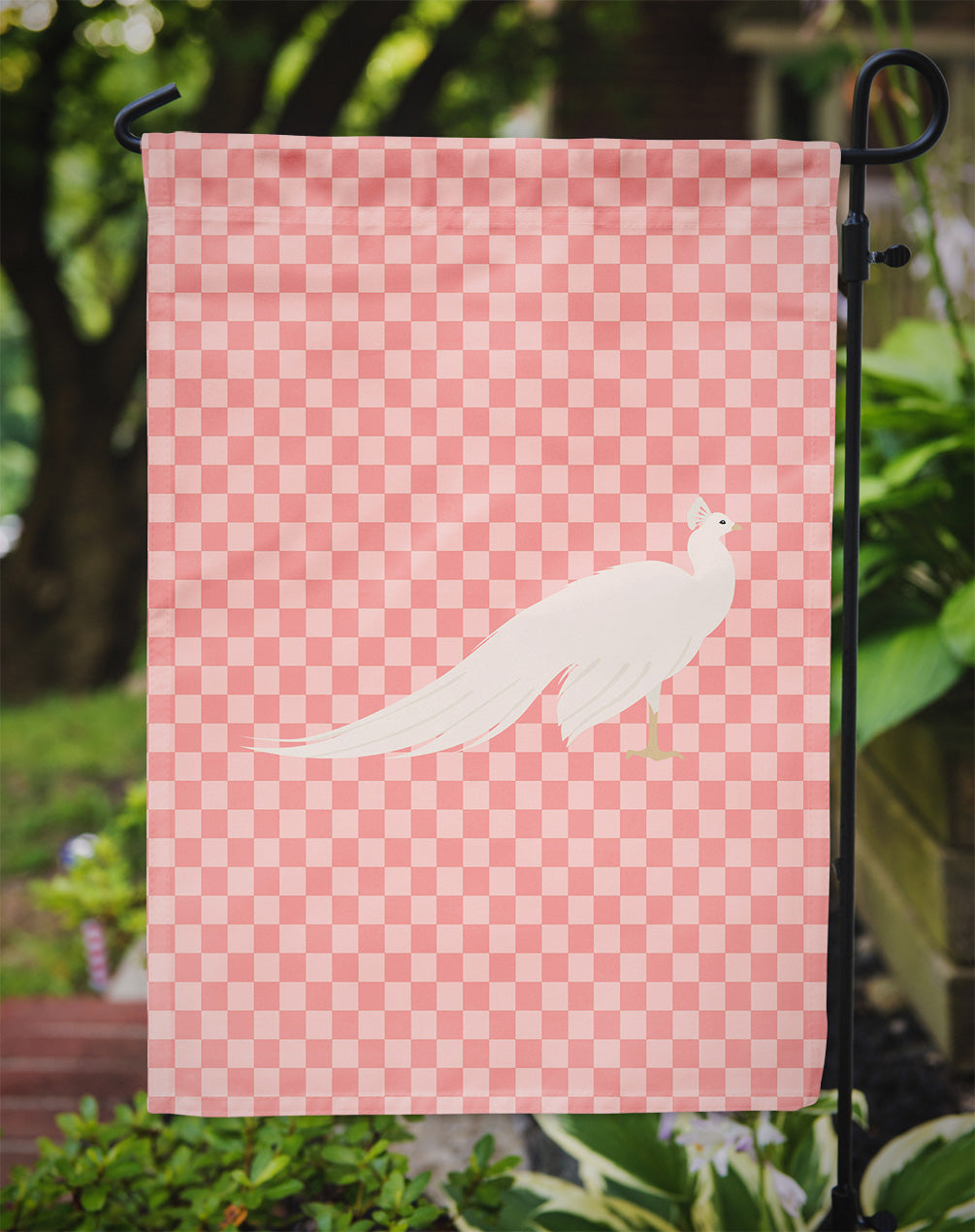 White Peacock Peafowl Pink Check Flag Garden Size  the-store.com.