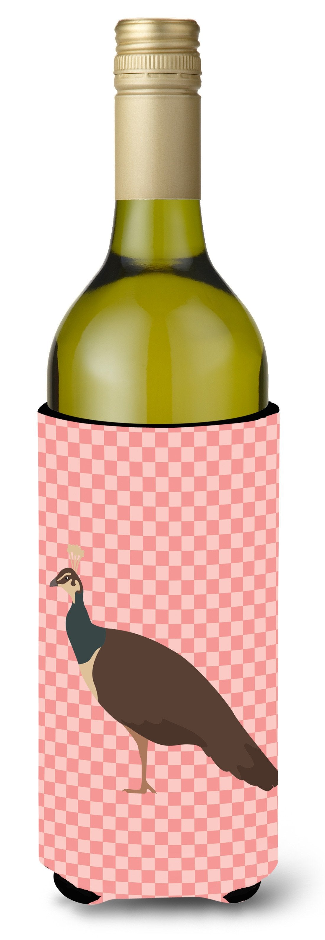 Indian Peahen Peafowl Pink Check Wine Bottle Beverge Insulator Hugger BB7927LITERK by Caroline's Treasures