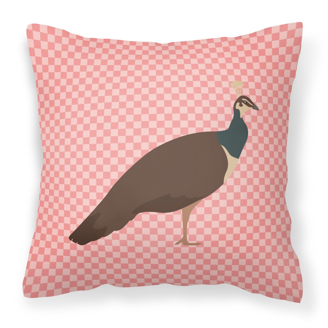Indian Peahen Peafowl Pink Check Fabric Decorative Pillow BB7927PW1818 by Caroline&#39;s Treasures