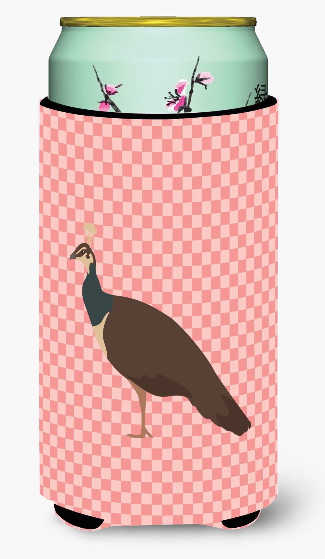 Indian Peahen Peafowl Pink Check Tall Boy Beverage Insulator Hugger BB7927TBC by Caroline's Treasures