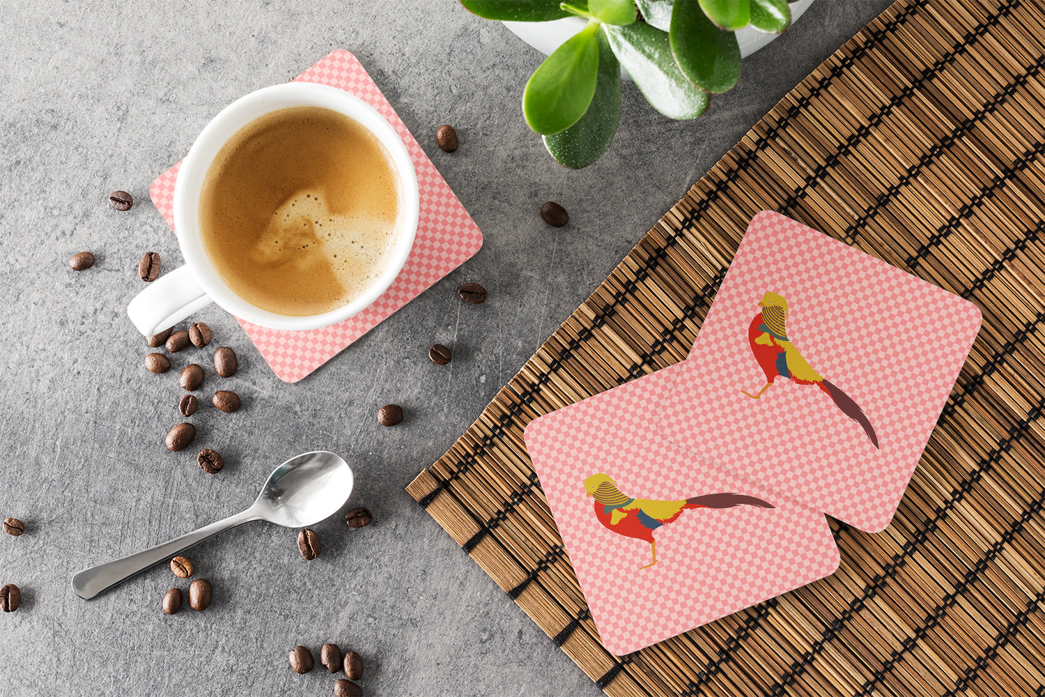 Golden or Chinese Pheasant Pink Check Foam Coaster Set of 4 BB7928FC - the-store.com