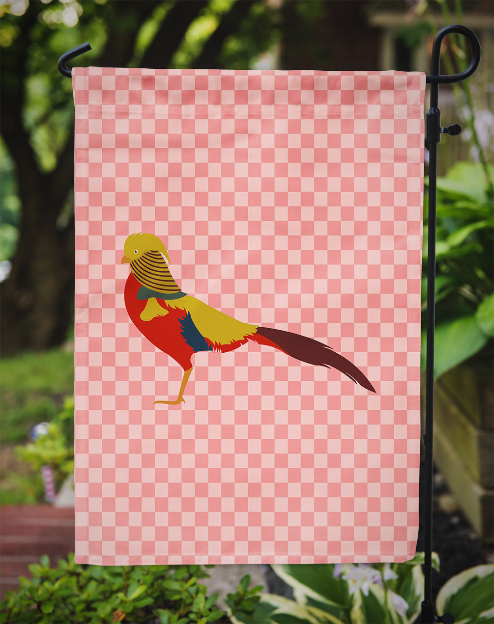 Golden or Chinese Pheasant Pink Check Flag Garden Size  the-store.com.