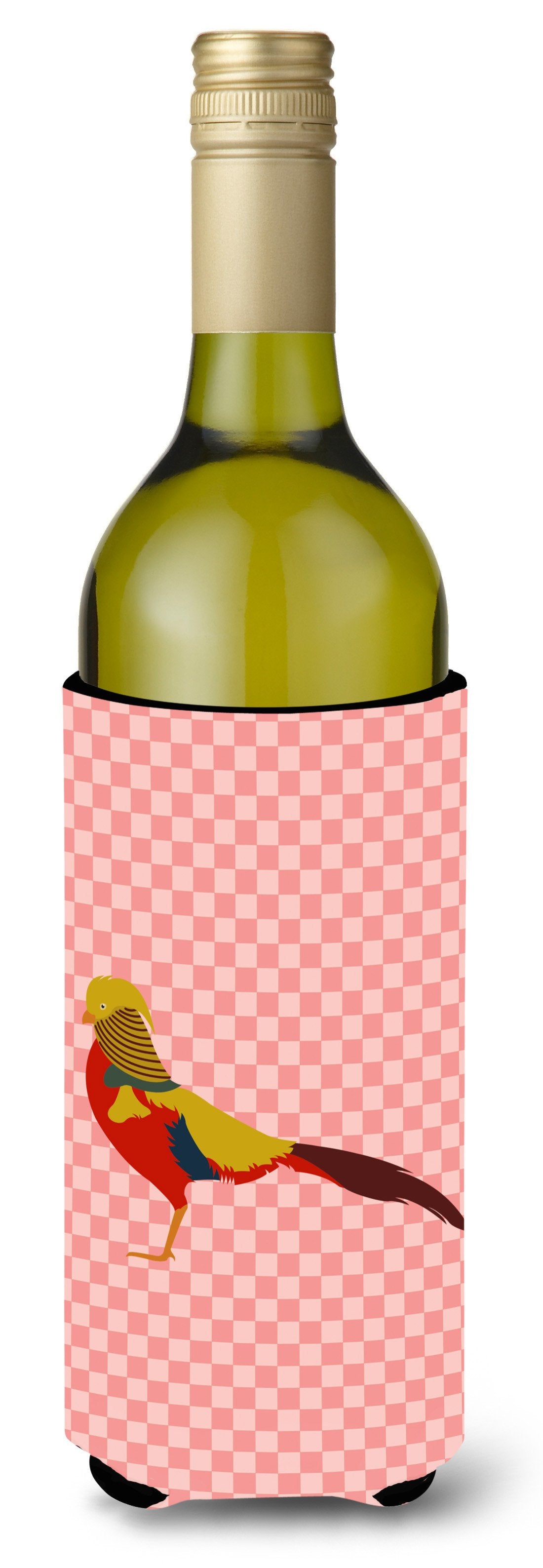 Golden or Chinese Pheasant Pink Check Wine Bottle Beverge Insulator Hugger BB7928LITERK by Caroline&#39;s Treasures