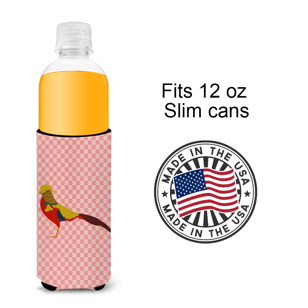 Golden or Chinese Pheasant Pink Check  Ultra Hugger for slim cans  the-store.com.