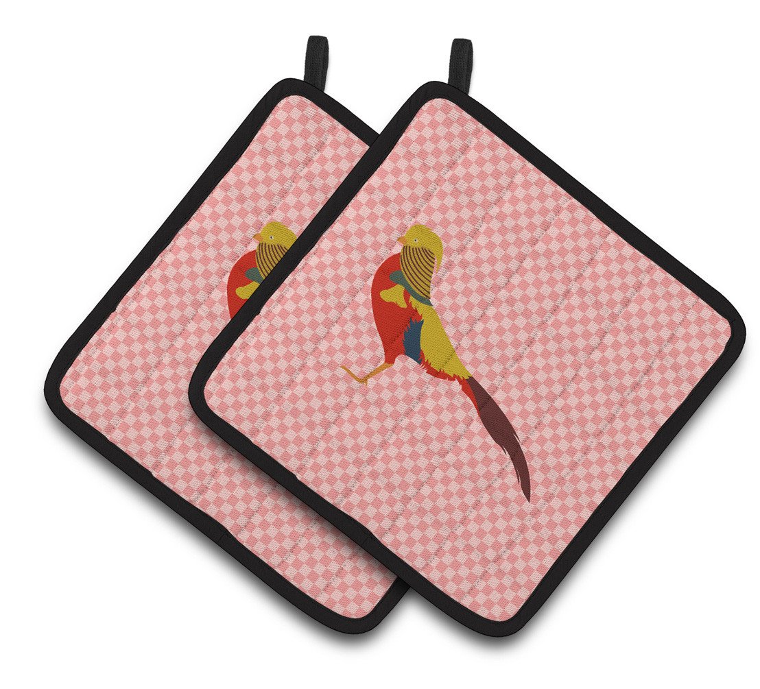 Golden or Chinese Pheasant Pink Check Pair of Pot Holders BB7928PTHD by Caroline&#39;s Treasures